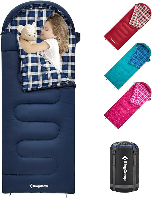 KingCamp 45° F Kids Sleeping Bag, Lightweight Waterproof & Compact Flannel Sleeping Bags Cold Weather & Warm Youth Essentials Gear Accessories for Camping, Fits 10-12 Children up to 5'5" Tall