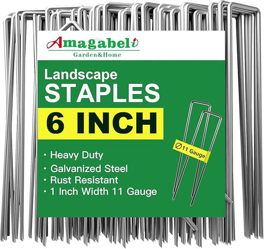 AMAGABELI GARDEN & HOME 6 Inch 100 Pack Galvanized Landscape Staples 11 Gauge Anti-Rust Heavy Duty Garden Staples Plant Cover Stakes U-Shaped Sod Pins Ground Fence Stakes for Weed Barrier Fabric