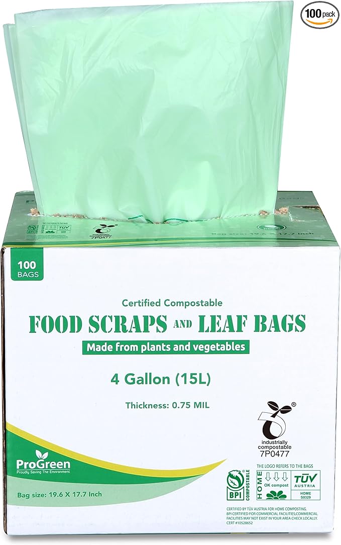 ProGreen Compostable Trash Bags, Extra Thick, Compost Kitchen Bin Bags, Food Scraps Yard Waste Bags, ASTM D6400 BPI and TÜV AUSTRIA Certified (4 Gallon, Pack of 100)