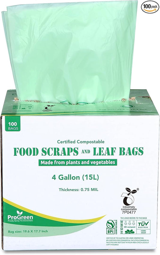 ProGreen Compostable Trash Bags, Extra Thick, Compost Kitchen Bin Bags, Food Scraps Yard Waste Bags, ASTM D6400 BPI and TÜV AUSTRIA Certified (4 Gallon, Pack of 100)