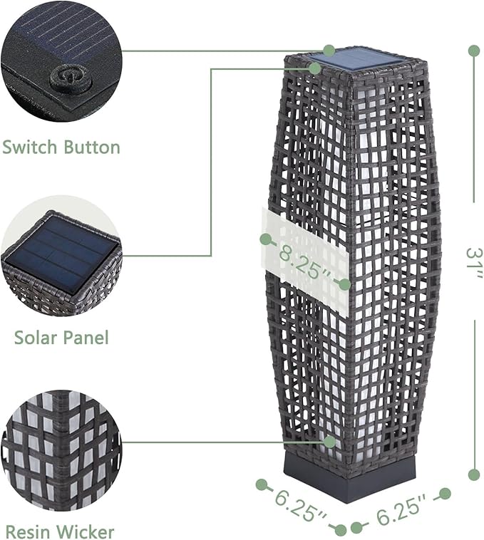 Grand patio Outdoor Floor Lamp Solar Powered Lantern Water-Resistant Wicker Deck Light for Garden or Porch -Large Fuji, Silver Gray