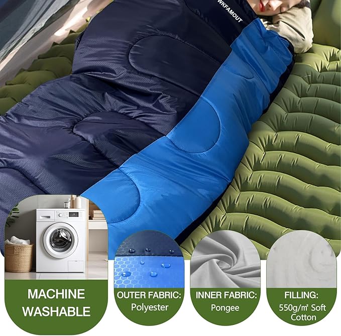 XL 10 Degree Sleeping Bags Waterproof for Adults 350GSM Machine Washable with Compression Sack for 3-4 Season Camping Outdoor