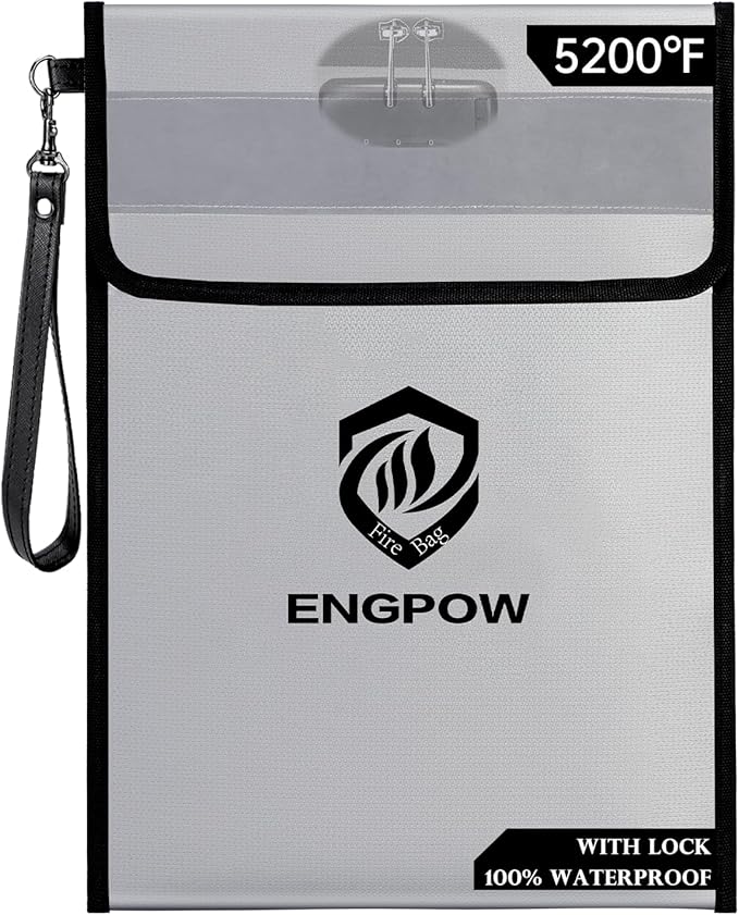 ENGPOW Fireproof Document Bag with Lock (5200℉),15”x 11” Fireproof Money Pouch with Zipper, Fireproof File Safe Storage Organizer Holder for Valuables,Cash,A4 Legal Important Documents and More