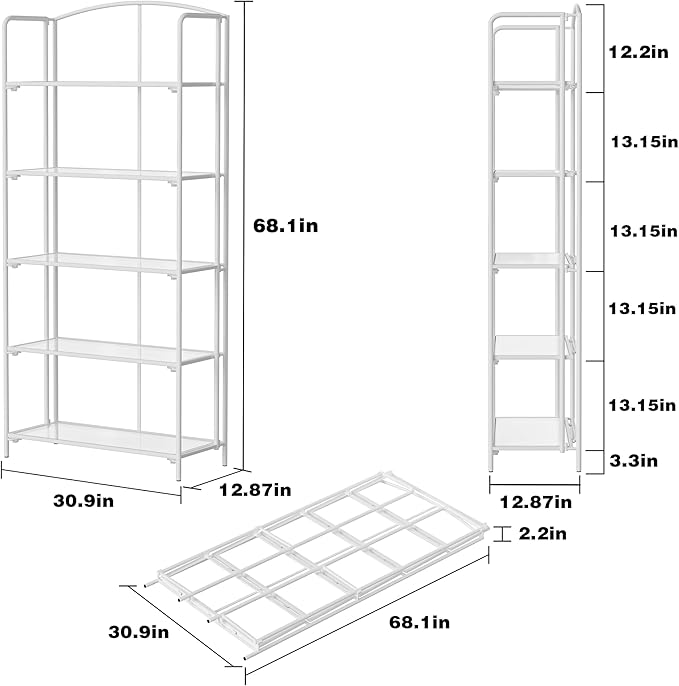 Crofy No Assembly Folding Bookshelf for Living Room, 5 Tier White Collapsible Book Shelf for Home Office, Portable Bookcase Storage Organizer
