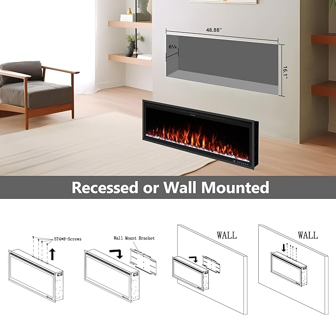Benrocks 50'' WiFi-Enabled Electric Fireplace Insert - Alexa & App Control, 13 * 13 * 3 Color Combinations, Smart Fireplace Heater, Timer, Logs & Crystals Included, 750/1500W