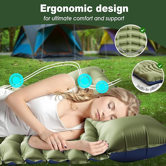 Sleeping Pad for Camping - Ultralight Camping Mattress with Pillow, Built-in Foot Pump, Compact Inflatable Portable Mat for Backpacking, Hiking, Car Traveling, Beach, Tent