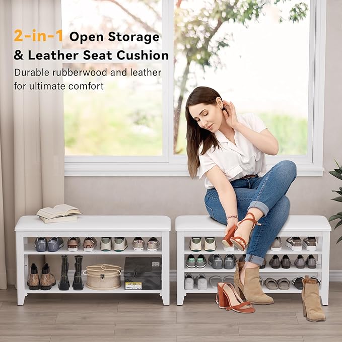 Shoe Rack Bench Entryway Storage with Leather Cushion, Shoe Organizer Bench for Entryway, Ideal for Front Doors Entrances Hallway Mudroom Featuring Rubberwood And 3 Height-Adjustable Removable Shelve