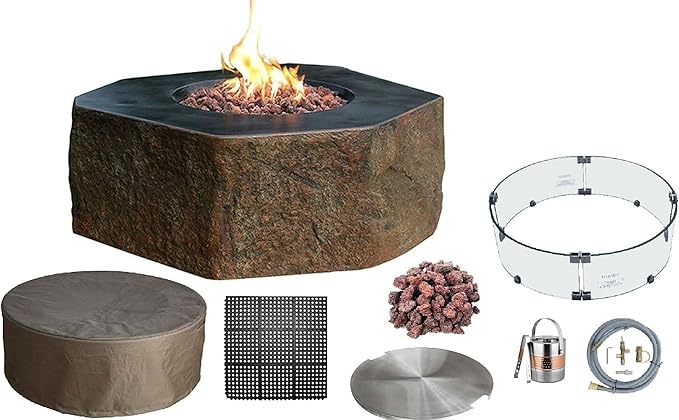 Elementi | Bundle Columbia Gas Fire Pit Cast Concrete Semi-Round Fire Table, Outdoor Fire Pit Electronic Ignition | Canvas Cover, Lava Rock Included | Natural Gas