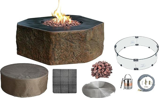 Elementi | Bundle Columbia Gas Fire Pit Cast Concrete Semi-Round Fire Table, Outdoor Fire Pit Electronic Ignition | Canvas Cover, Lava Rock Included | Natural Gas