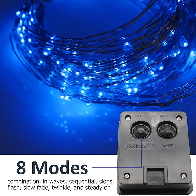 Solar Fairy String Lights Outside Blue, Multi Strand 180 LEDs Watering Can Light for Outdoor, Waterproof Solar Powered Waterfall Lights, Firefly Bunch Lights for Garden Décor