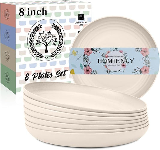 Homienly Dessert Plates - 8 Inch Wheat Straw Plates Set, Dinner Plates Set of 8, Appetizer Plates, Lightweight Unbreakable Plates, Microwave Safe Plates, Deep Plates for Dinner - Beige