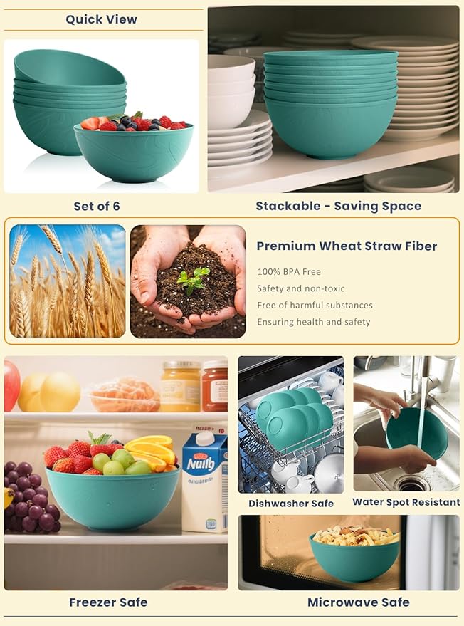 Homienly Wheat Starw Bowls, Bowl Set, Large Cereal Bowls, Serving Bowl Set of 6, Microwave and Dishwasher Safe, 40 OZ, Large Bowl for Salad, Soup, Ramen, Fruit,Dinner, Reusable, Stackable - Green