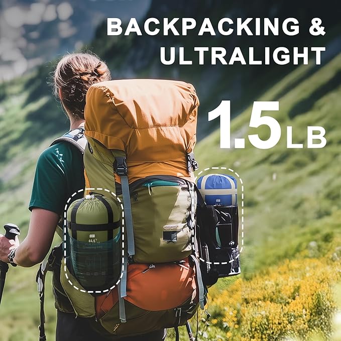 Ultralight Warm Weather Sleeping Bag - Portable, Waterproof, Compact Lightweight, Comfort with Compression Sack - Great for Outdoor Camping, Backpacking & Hiking