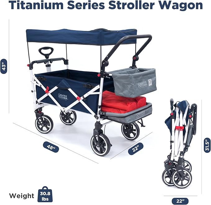 Creative Outdoor Wagon for Kids Push Pull Collapsible Stroller with Canopy Folding Cart | Titanium Series Plus | Beach, Park, Garden (Solid Navy Blue)