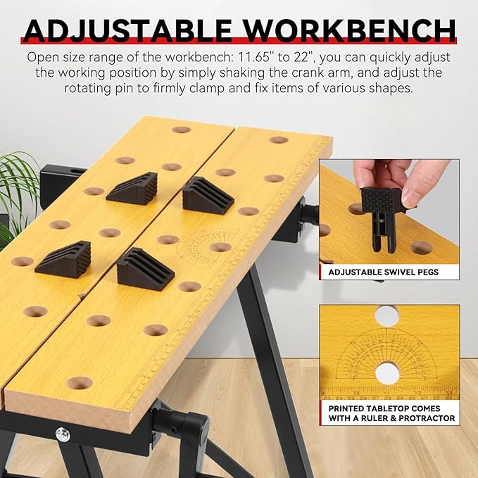 Auto Dynasty Adjustable Folding Workbench with Built-in Ruler & Protractor, Portable Work Table (8"-12"), 220lbs Load Capacity, Multipurpose Vise Workbench for Woodworking, Garage, and DIY