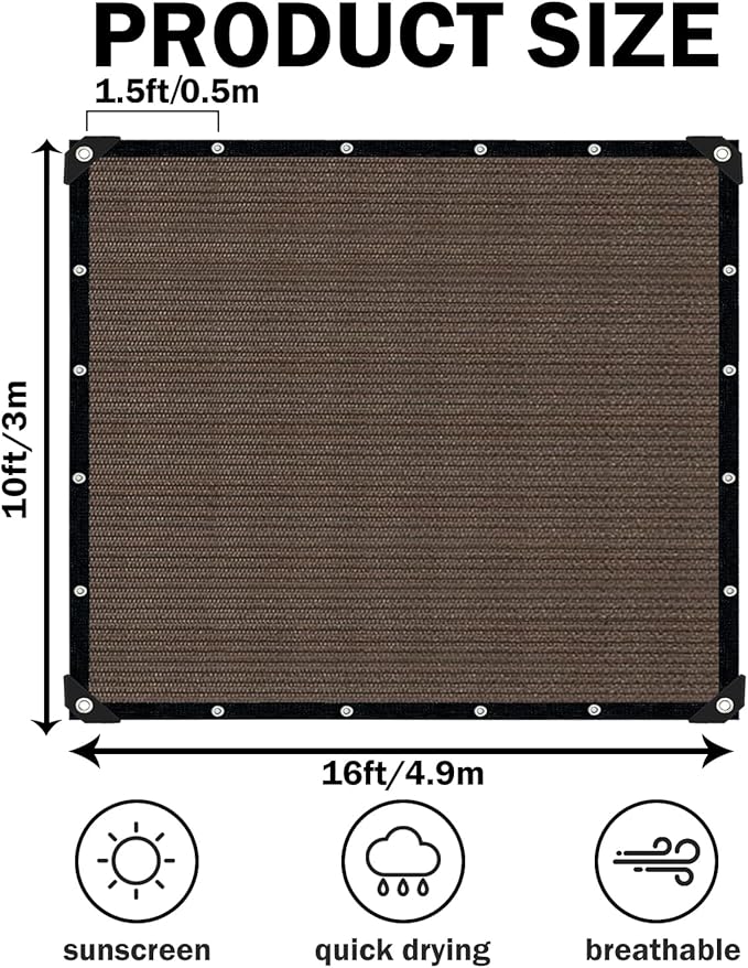 Mocha Sun Shade Cloth,Pergola Shade Cover with Reinforced Grommets,90% Shade Fabric Fence Privacy Screen Balcony,Pergola Shade Cover Canopy Garden Carport Porch Deck Patio Shade,10x16FT