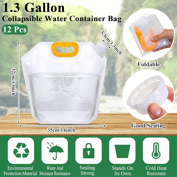 Tessco 12 Pack 1.3 Gallon Collapsible Water Storage Bag Water Container Bag Emergency Jug Foldable Plastic Storage Pouch Freezable Carrier Tank for Outdoor Sport Camping(Clear,Classic)