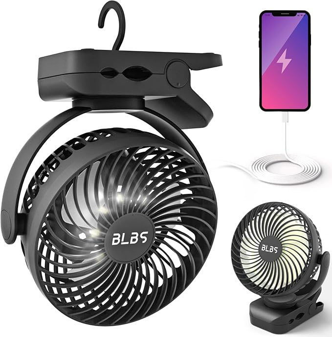 Portable Fan - 65H 12000mAh Camping Fan Rechargeable with Output Ports, Battery Powered Fan with Hanging Hook, Camping Fans for Tents, Rechargable Fa n for Camping, Black