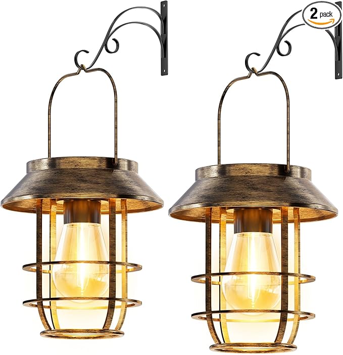 Solar Lanterns Outdoor Waterproof, High Brightness Hanging Solar Lights for Outside with Wall Hooks, Retro Metal Outdoor Lanterns Auto On/Off for Porch, Patio, Yard Decor 2 Pack