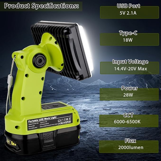 Choerinton Work Light Compatible with Ryobi 18V Battery Cordless Led Work Light Rechargeable Jobsite Light Outdoor Battery Powered Floodlight USB Charging Port for Car Repair Hiking Camp Garage