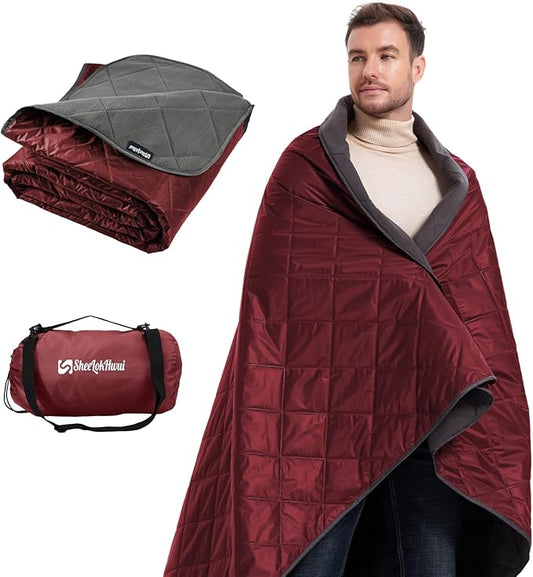 4-in-1 Large Outdoor Blanket - Waterproof & Windproof Thickened Warm Fleece Camping Blanket for Stadium, Hiking, Sporting Events - 81"x57", Packable (Antique Ruby)