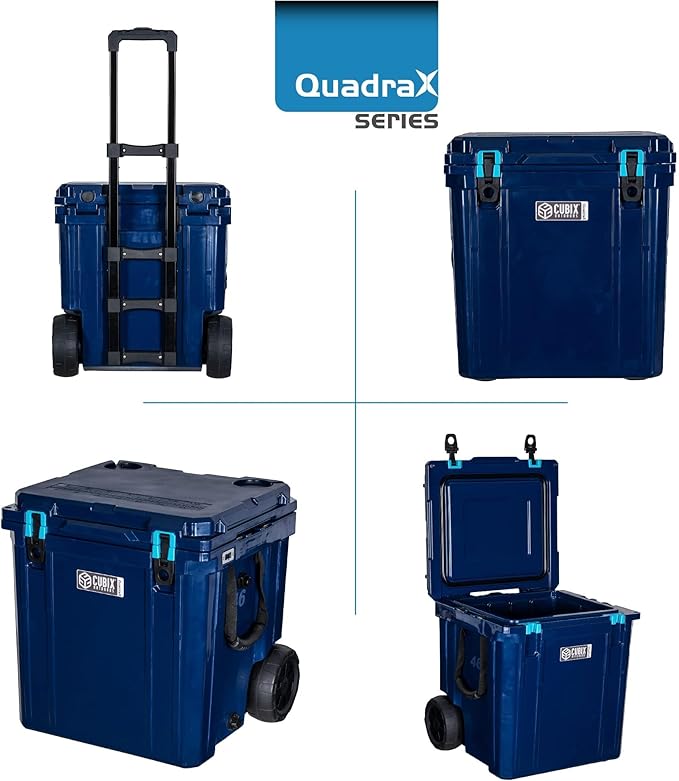 QuadraX 46QT Wheeled Rotomolded Portable Hard Cooler for Camping, Fishing, Beach | Heavy Duty Insulated Ice Chest with Wheels and Handle | Cold Retention 5 Days