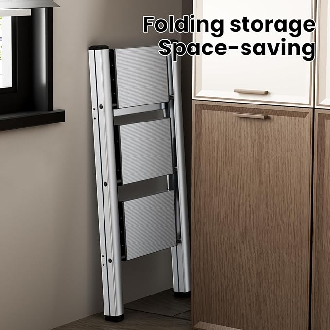 HillhutApex 3 Step Stool, Aluminum Foldable Step Ladder, Lightweight Stable Stool with Wide Non-Slip Pedals, 330lbs Bearing Capacity Ladder for Office,Home,Kitchen - Silver