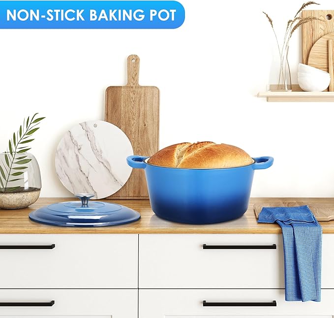 LIFERUN 6 Qt Enameled Cast Iron Dutch Oven Pot with Lid，Oven Safe up to 500° F, Non-Stick Dutch Oven with Dual Handles for Bread Baking, Fry Foods, Braising, Stews, Roasting (Blue)