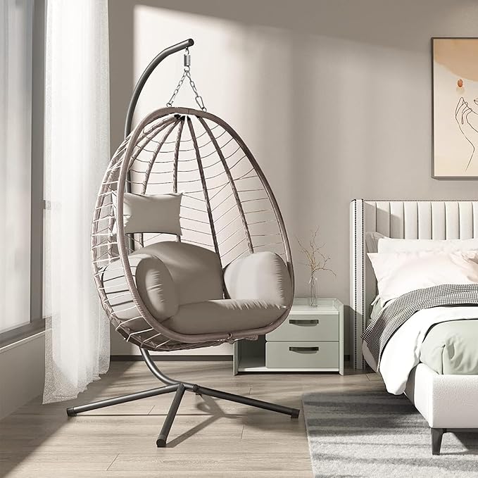 Hanging Egg Chair with Stand, Outdoor Indoor Egg Swing Chair with Cushion Headrest for Patio, Porch, Balcony, Bedroom, 350LBS Capacity (Brown)