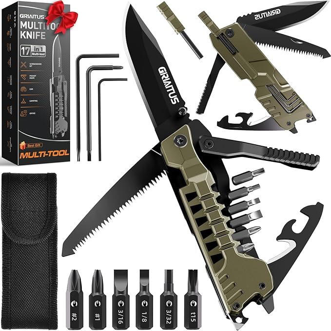 Multitool Knife, 17 in 1 Pocket Knife with Screwdriver, Fire Starter Sticks, Bottle Opener, Saw, Whistle, Nylon Sheath, EDC Gear for Survival, Camping, Hiking, Outdoor, Gifts for Dad - Desert Gray