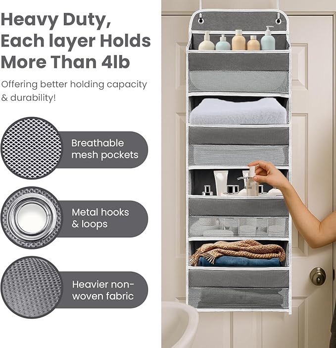 Over The Door Organizer with 4 Side Mesh Pockets, 44lb Weight Capacity Hanging Behind The Door Storage Suitable for Storing Toys, Shoes, Towels, Grey