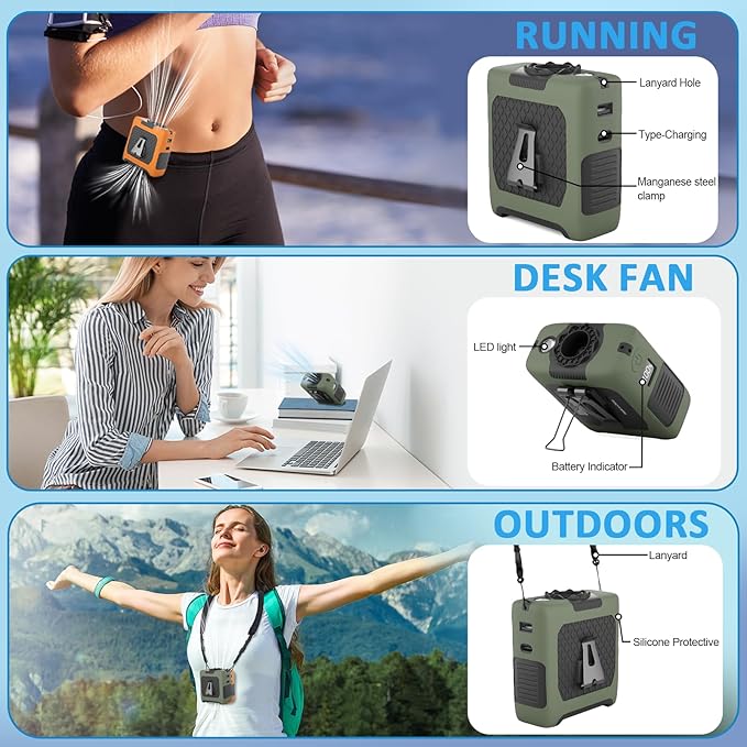 Portable Fan Wearable Personal Fan with 5 Speed Max 55 Working Hours Low Noise Portable Neck Fans Cooling Waist Fans for Camping Traveling LED Power Display 10000mAh Rechargeable (Dark Green)