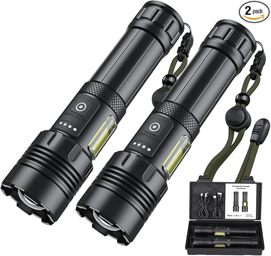Flashlights High Lumens 2 Pack, Rechargeable Flashlight Super Bright Flash Light with Red Light,COB Work Light,IPX6 Waterproof Powerful Flashlight for Home Camping Disaster (2)