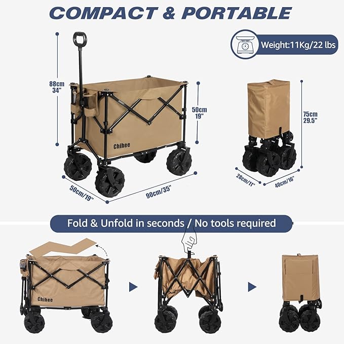 Chihee Folding Wagon Cart Garden Cart Heavy-Duty with 2 Cup Holders,Camp Cart for All-Terrain Wheels with Braking System Large Capacity Removable Fabric,for Sporting Events,Camping,Beach Trips