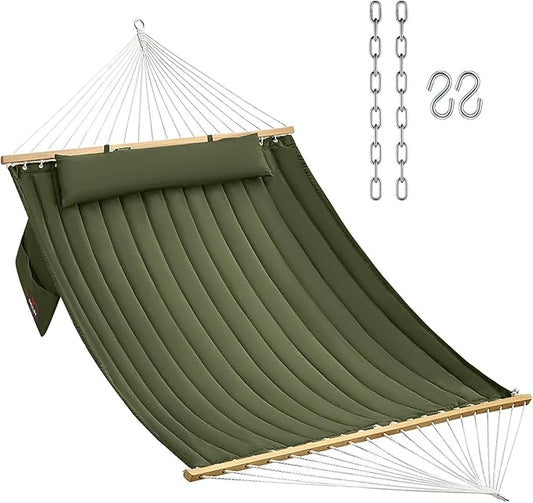 Double Quilted Fabric Hammock with Hardwood Spreader Bars and Pillow 450 LBS Capacity 2 Person Large Hammock for Outdoor Patio Backyard Poolside - Green