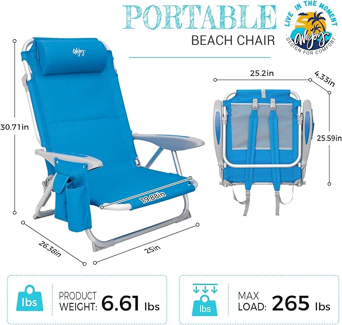 #WEJOY Folding Beach Chair for Adults, 4-Position Aluminum Lightweight Beach Chair, Low Sands Chairs with Shoulder Strap, Cup Holder and Padded Headrest, Supports 265lbs for Lawn
