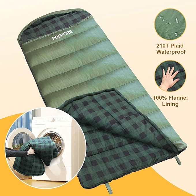 Flannel Sleeping Bag Cotton 0 Degree Cold Weather for Adults XXL Sleeping Bag 4 Season Big and Tall with Compression Sack
