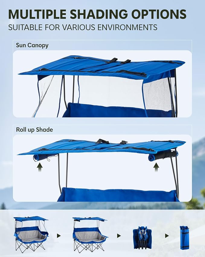 CLIPOP Double Camping Chair with Canopy, Portable Outdoor Folding Chair with Cup Holders, Side Pocket, Oversized Beach Chair with Canopy Shade for Lawn Patio Hiking, Blue