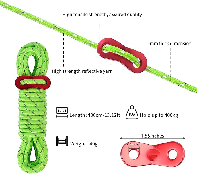 CONBOLA 6 Pack 5 mm Guy Lines Ultralight Tent Cords with Aluminum Adjuster Tensioner Outdoor Camping Guylines Ropes for Tent Tarp, Canopy Shelter, Climbing, Hiking Backpacking Gear