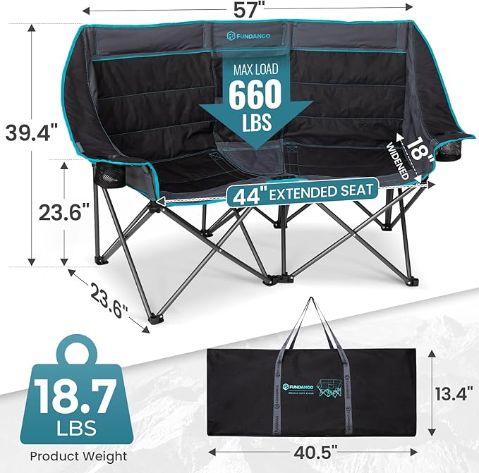 FUNDANGO Double Camping Chair with Cooler, 2 Person Folding Oversized Loveseat Camp Chairs for Adults Fully Padded Couch with Cup Holder Carry Bag for Outdoor Lawn Beach Patio Support 660 LBS