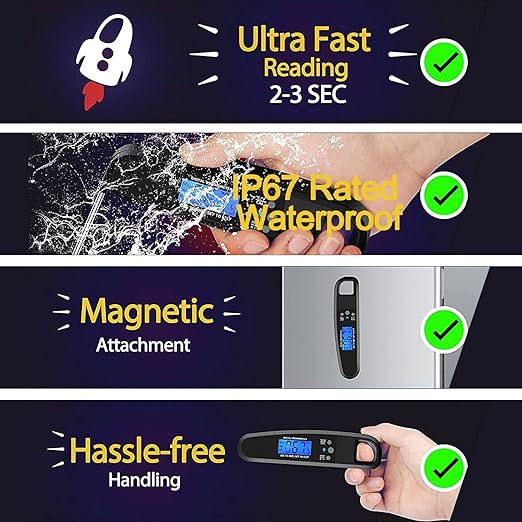 Instant Read Meat Thermometer for Kitchen Cooking, Ultra Fast Precise Waterproof Digital Food Thermometer with Backlight, Magnet and Foldable Probe for Deep Fry, Outdoor BBQ, Grill（Black）