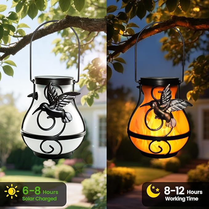 X-PREK 2 Pack Solar Lanterns Outdoor Waterproof Hummingbird Hanging Solar Lantern Flickering Flame Lights Solar Powered Lamps Garden Patio Porch Decoration