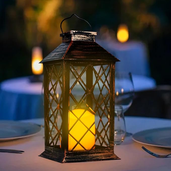 13'' Outdoor Solar Hanging Lantern Lights, Waterproof Flickering Flameless Candle Hollowed-Out Metal Decor Lantern, Garden Decoration for Patio Yard, Gifts for Mom, Brown