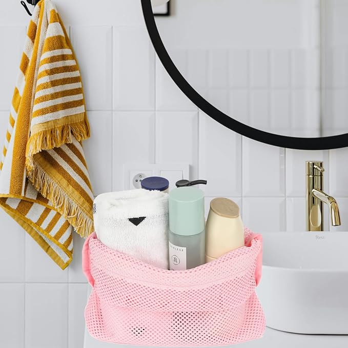 Mesh Shower Caddy Portable Shower Bag for Travel, Gym, Camping – Quick-Dry Hanging Toiletry Organizer with Zipper Pockets for Bathroom Essentials,Pink