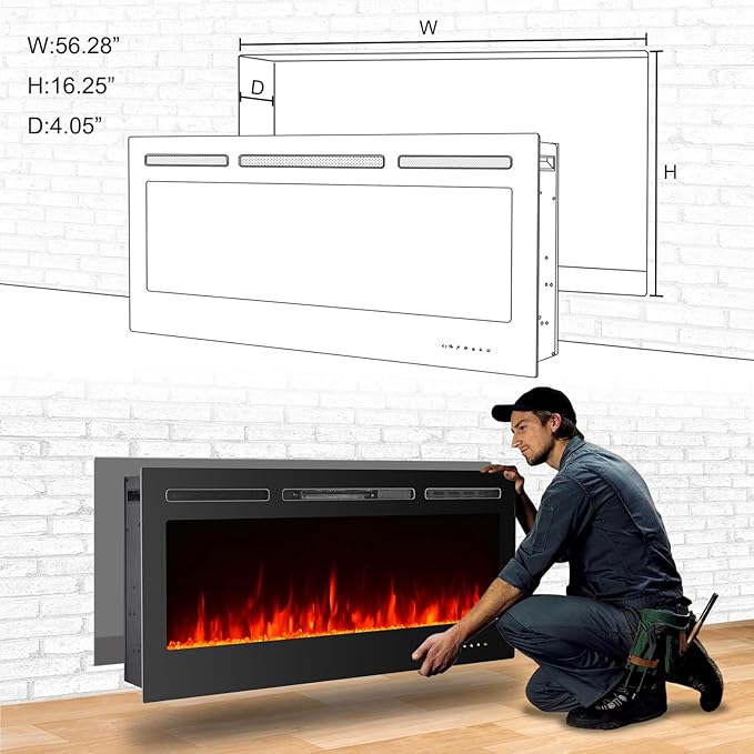 CharaVector 60 inch 750W/1500W Electric Fireplace Inserts with Remote Control in Wall Mounted, Energy Saving LED Insert Fireplace Heater Indoor Glass View with Remote Control & Touch Screen, Black
