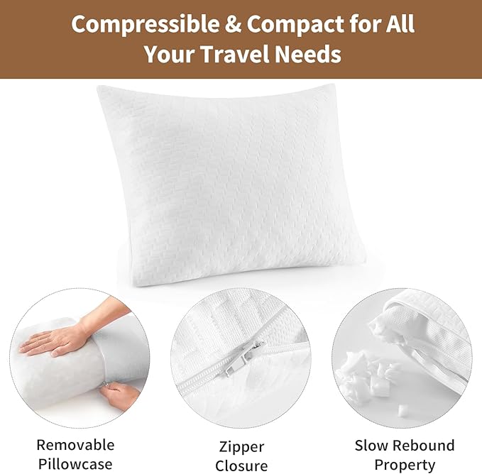 Small Shredded Memory Foam Pillow, Camping Pillow Travel Pillow - Compressible Medium Firm, Breathable Cover, Ideal Backpacking Hiking, Airplane and Car (Off-White, S)