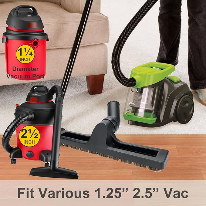 Hardwood Brush Vacuum Attachment for 1 1/4" 2 1/2" Shopvac Wet Dry Vacs, Horsehair Bristles Parquet Nozzle, 12" Shop Vac Floorhead Accessory (1.25" Hard Floor Head & 2.5" Vac Hose Adapter)