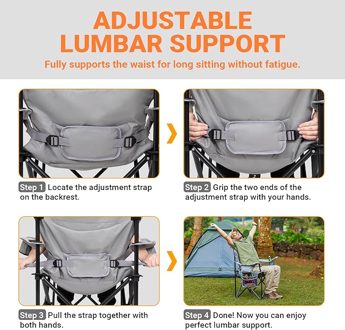 KingCamp Oversized Camping Folding Chair with Lumbar Support, Heavy Duty Ergonomic Padded Arm Chair with Cooler Bag, Cup Holder, Portable for Outdoor