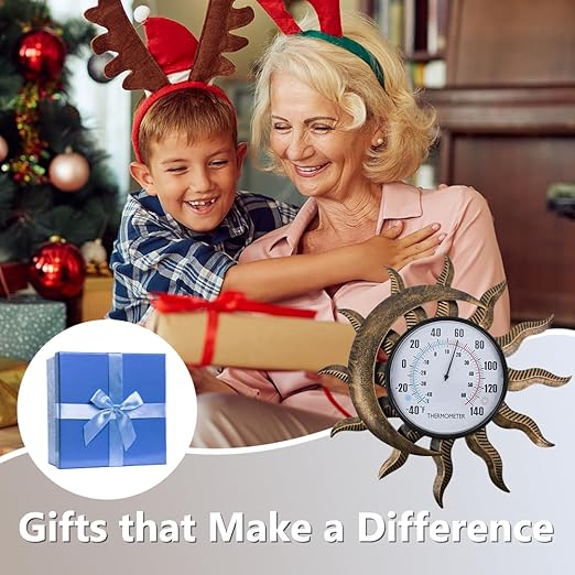 14" Sun-Moon Outdoor Thermometer, Metal Wall Thermometer No Need Battery, Decorative Indoor Thermometer for Patio, Garden, Living Room