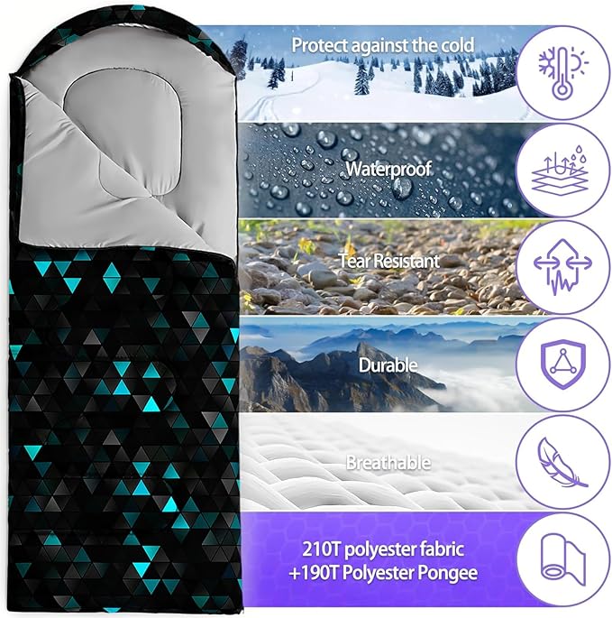 Sleeping Bags for Adults and Kids，3D Printing Camping Sleeping Bag for Girls Boys Lightweight Waterproof Cold/Warm 3-Season，Outdoor Travel with Compression Bags